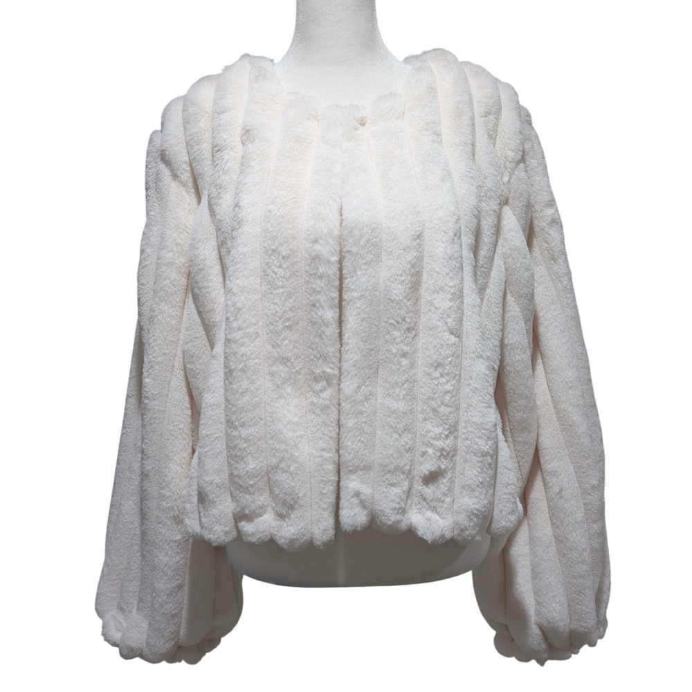 Joseph A Ivory Faux Fur Ribbed Jacket Lantern Sleeve Cropped XL NEW Bridal Glam